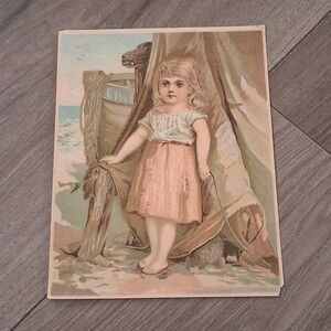 Antique 1800s Victorian Trade Card Alden Fruit Vinegar Girl Beach Scene Ephemera